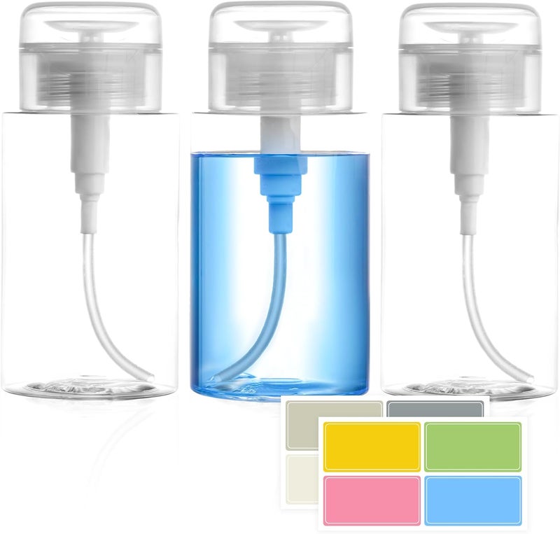 ETTSNU 3 Pack Push Down Pump Dispenser,Clear Push Top Empty Bottles with DIY Stickers for Alcohol,Nail Polish,Makeup Remover,Toner (200ml) - Image 1